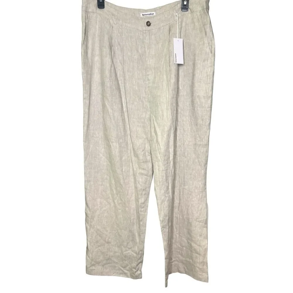 Reformation Alex Mid Rise Linen Pant in Oatmeal NWT Size 18